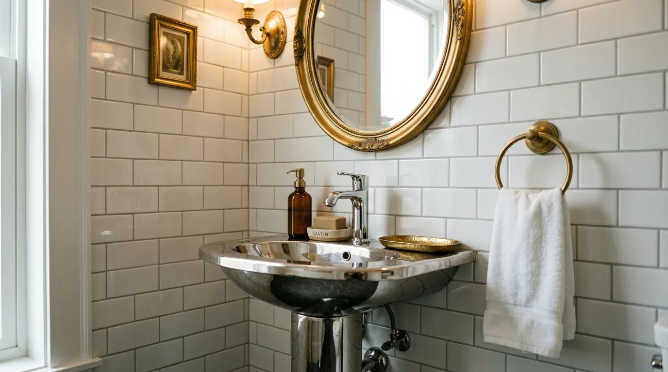 Neutral white and stone base supporting mixed metals in a bathroom.