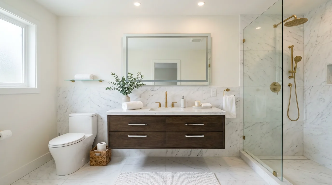 Cool silver shine mixed with warm gold glow in a bathroom.