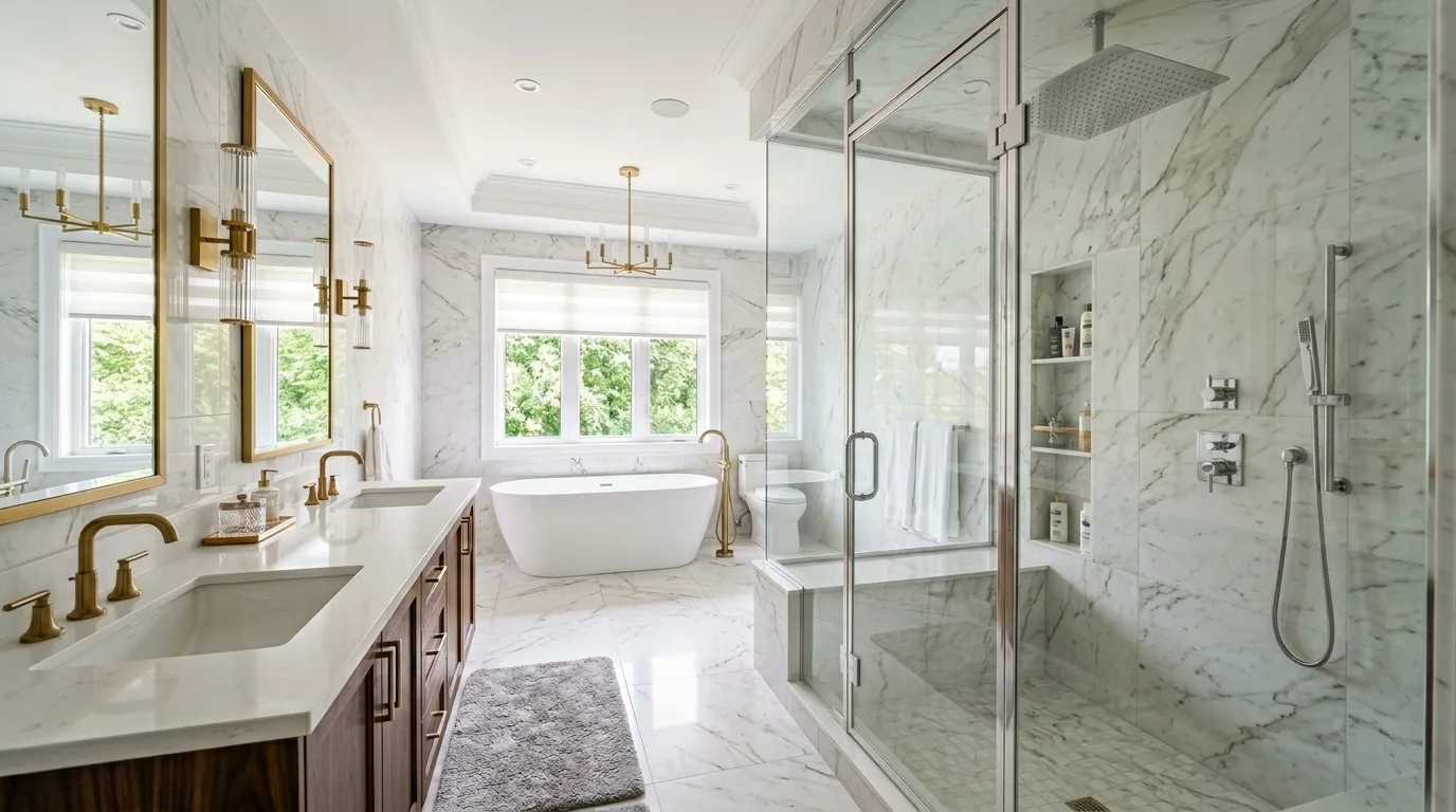 Clean elegant forms in a silver and gold mixed metal bathroom.