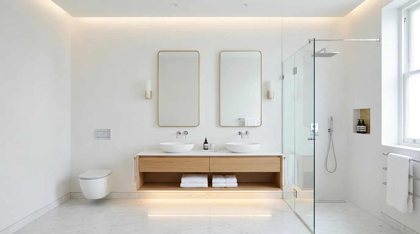 Restrained colors around mixed metals in a luxe bathroom.