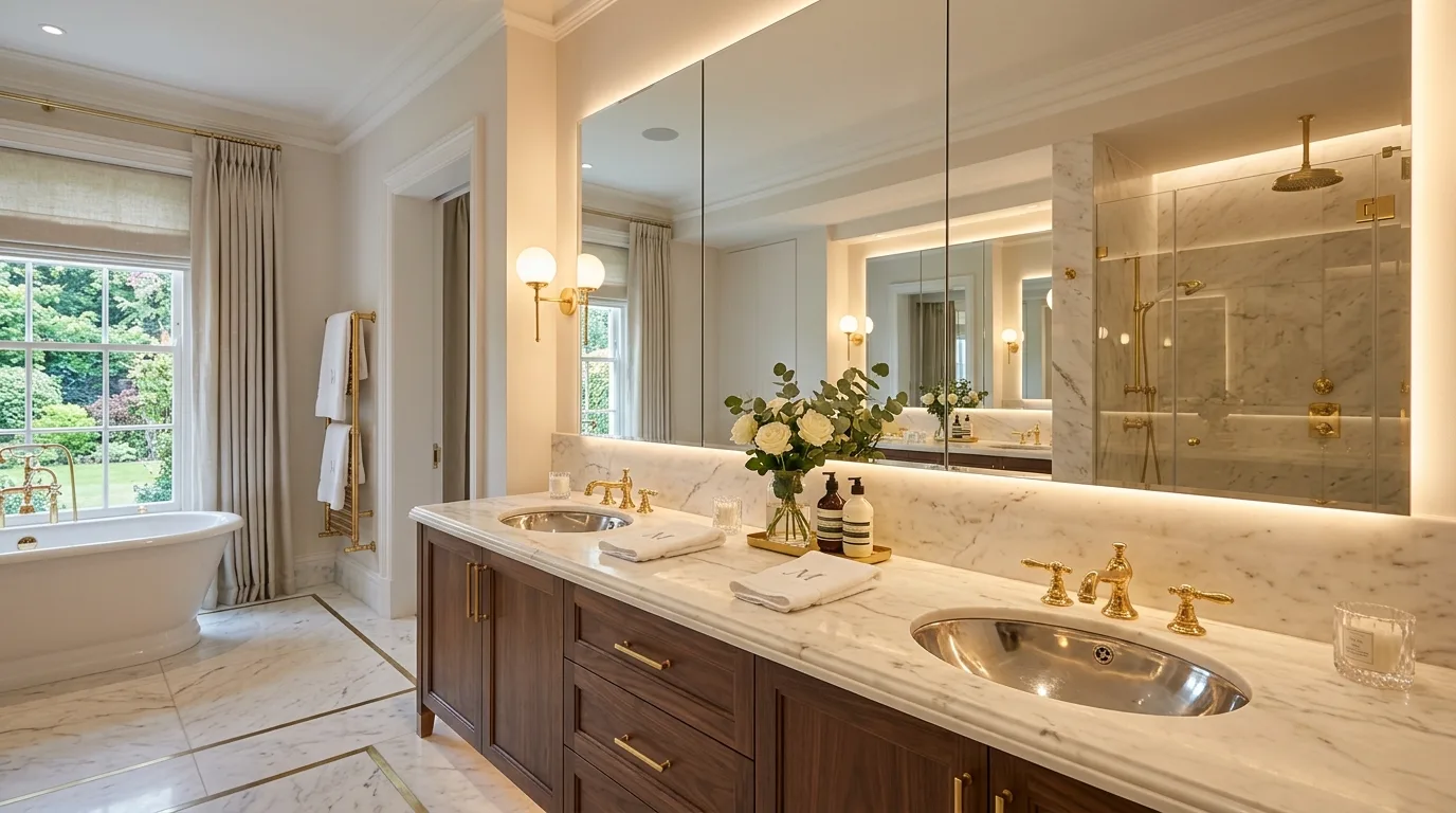 Layered texture instead of extra shine in a mixed metal bathroom.