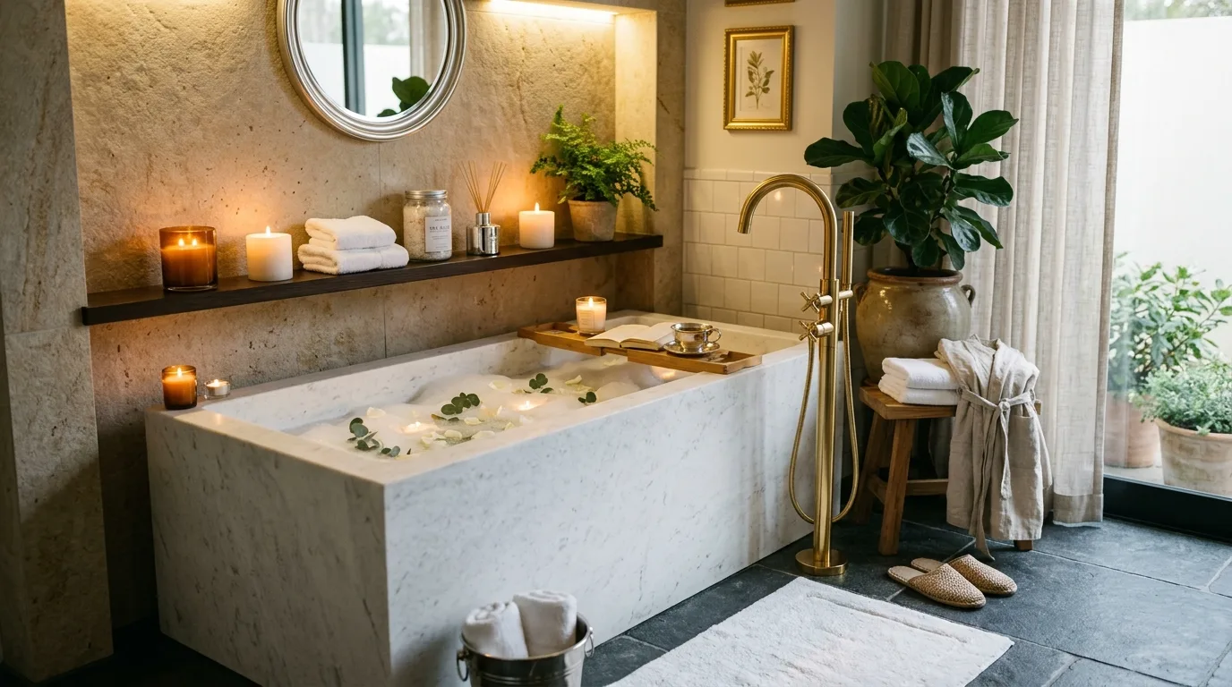 Collected refined bathroom using silver and gold mixed metals.