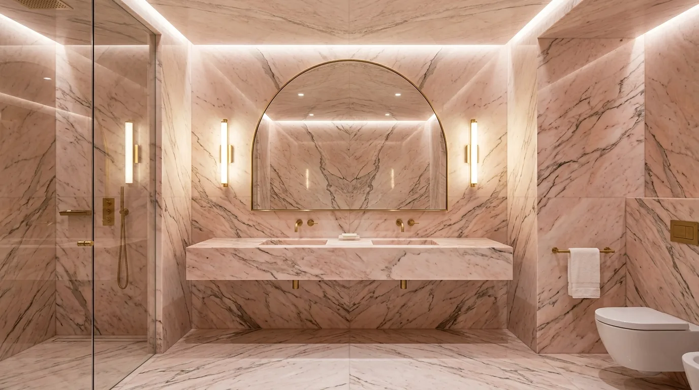 start with the main color or material story in a bathroom inspired by luxurious pink marble an.