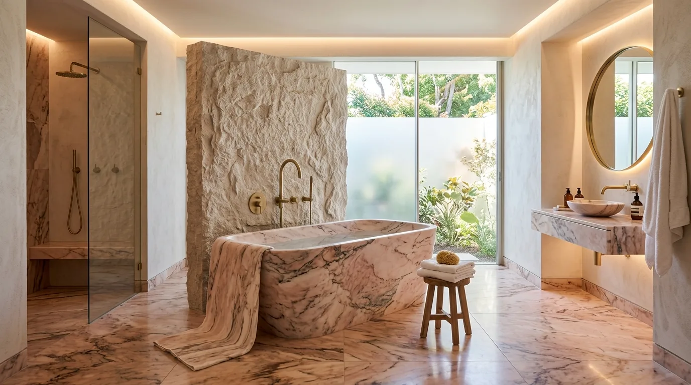 pair it with finishes that support the mood in a bathroom inspired by luxurious pink marble an.
