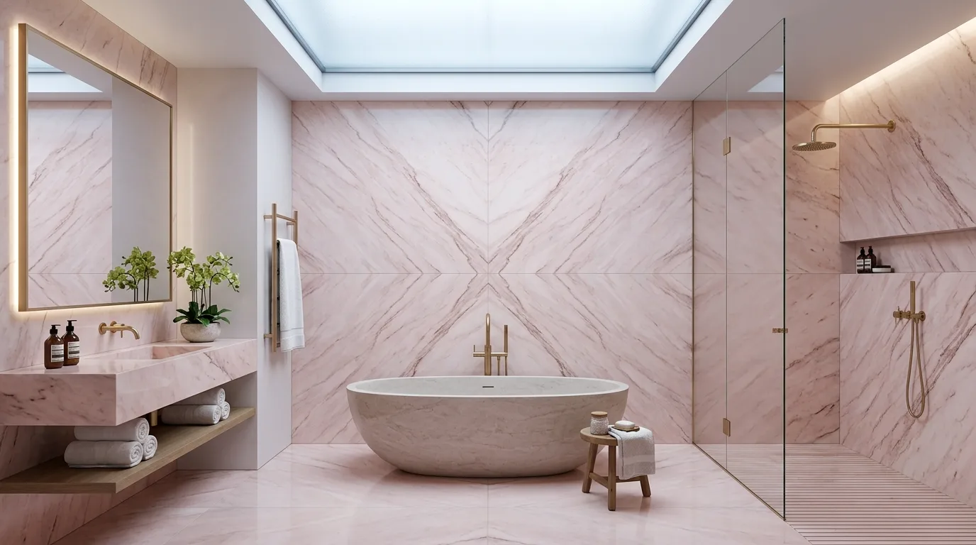 use lighting to bring the space to life in a bathroom inspired by luxurious pink marble an.