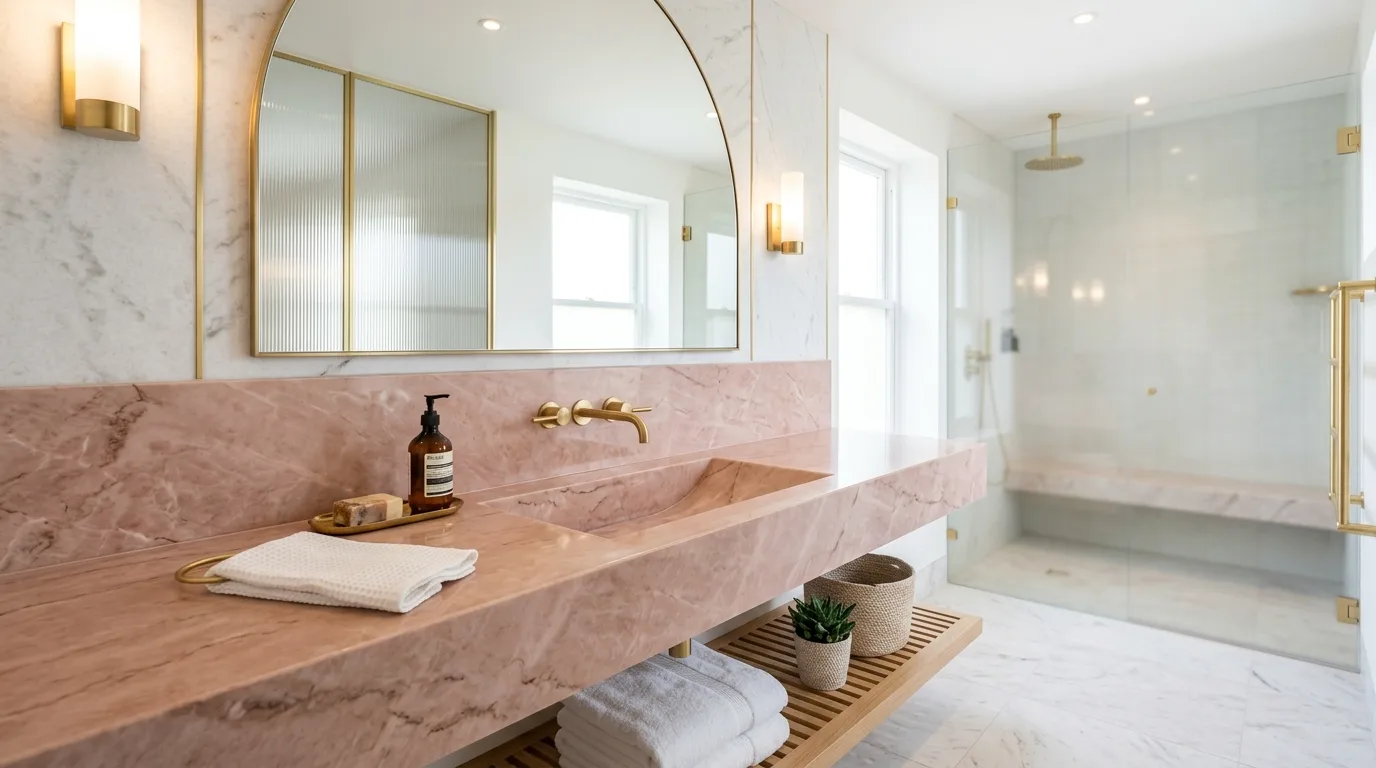 add texture for more depth in a bathroom inspired by luxurious pink marble an.