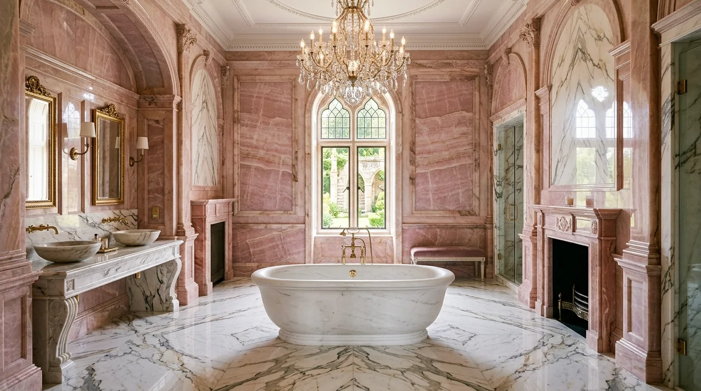 keep fixtures and lines thoughtful in a bathroom inspired by luxurious pink marble an.