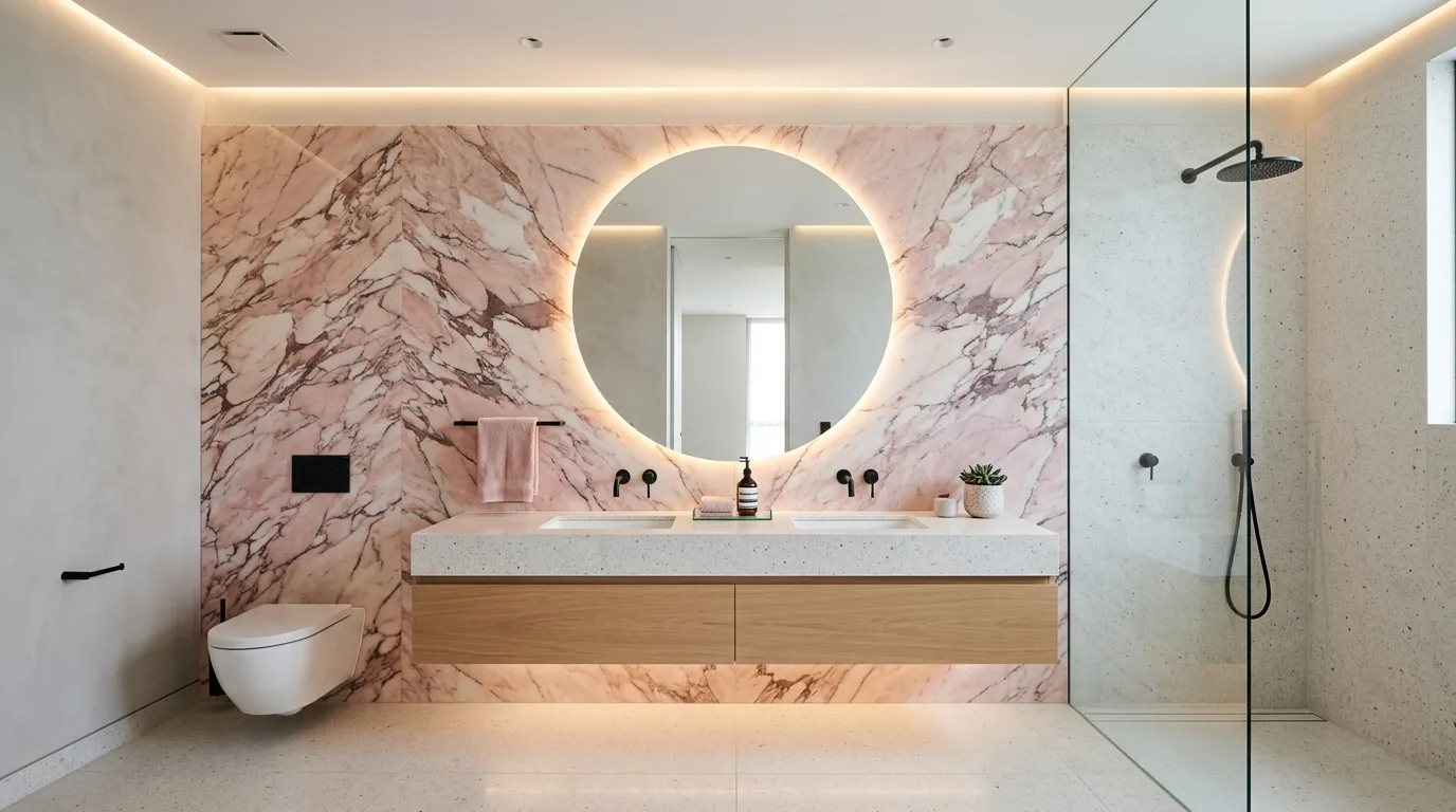 balance boldness with breathing room in a bathroom inspired by luxurious pink marble an.