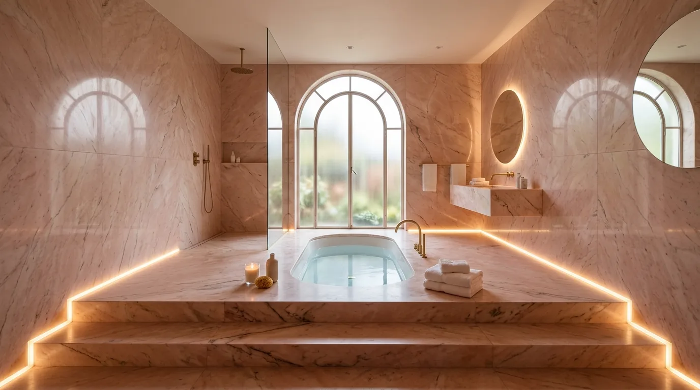 use decor that reinforces the look in a bathroom inspired by luxurious pink marble an.