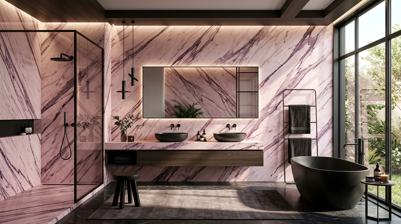 let the room feel personal and restful in a bathroom inspired by luxurious pink marble an.