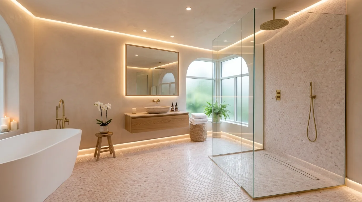 create a bathroom that feels complete in a bathroom inspired by luxurious pink marble an.