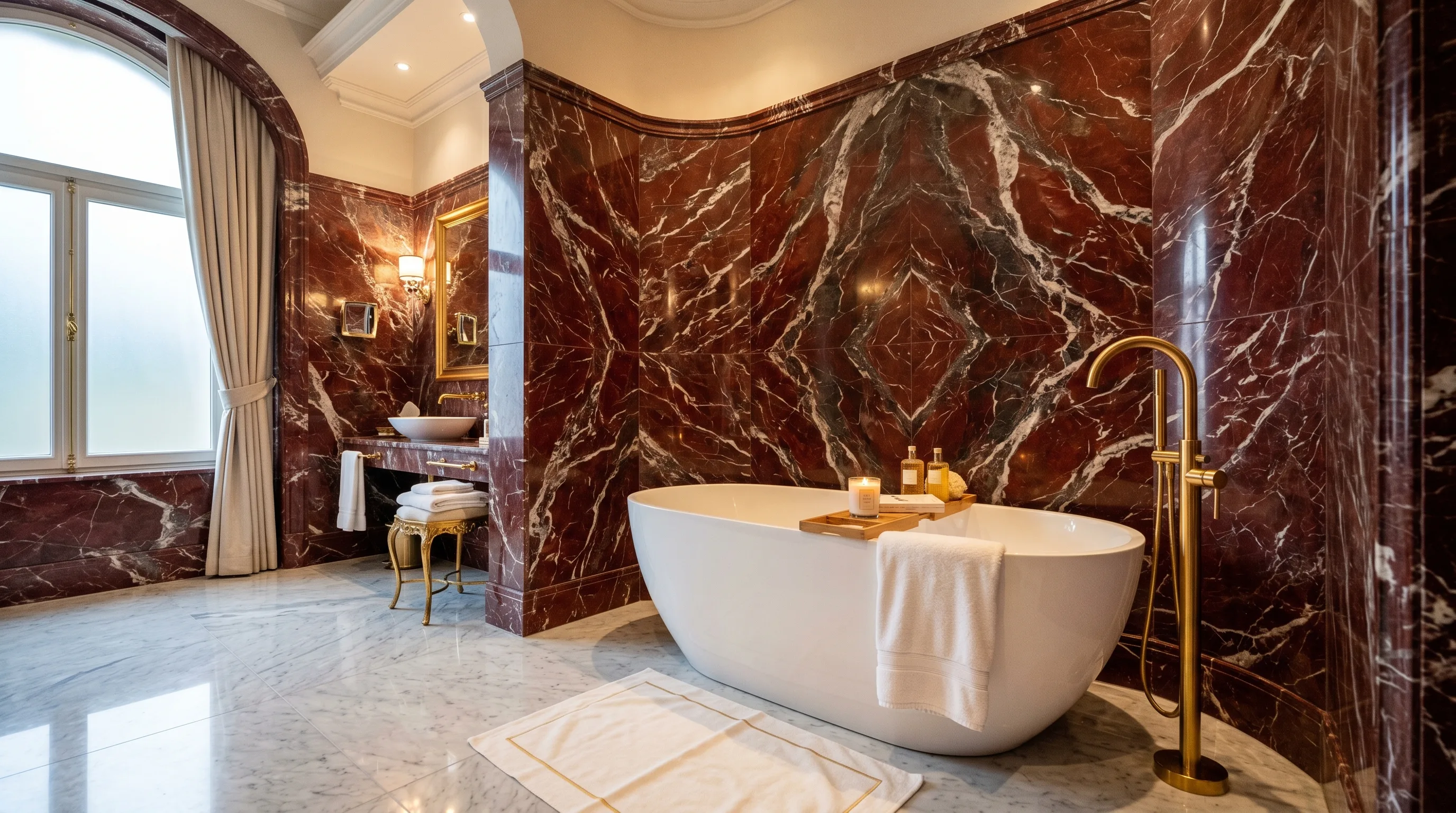 Luxurious red marble bathroom with dramatic veining and rich finishes.