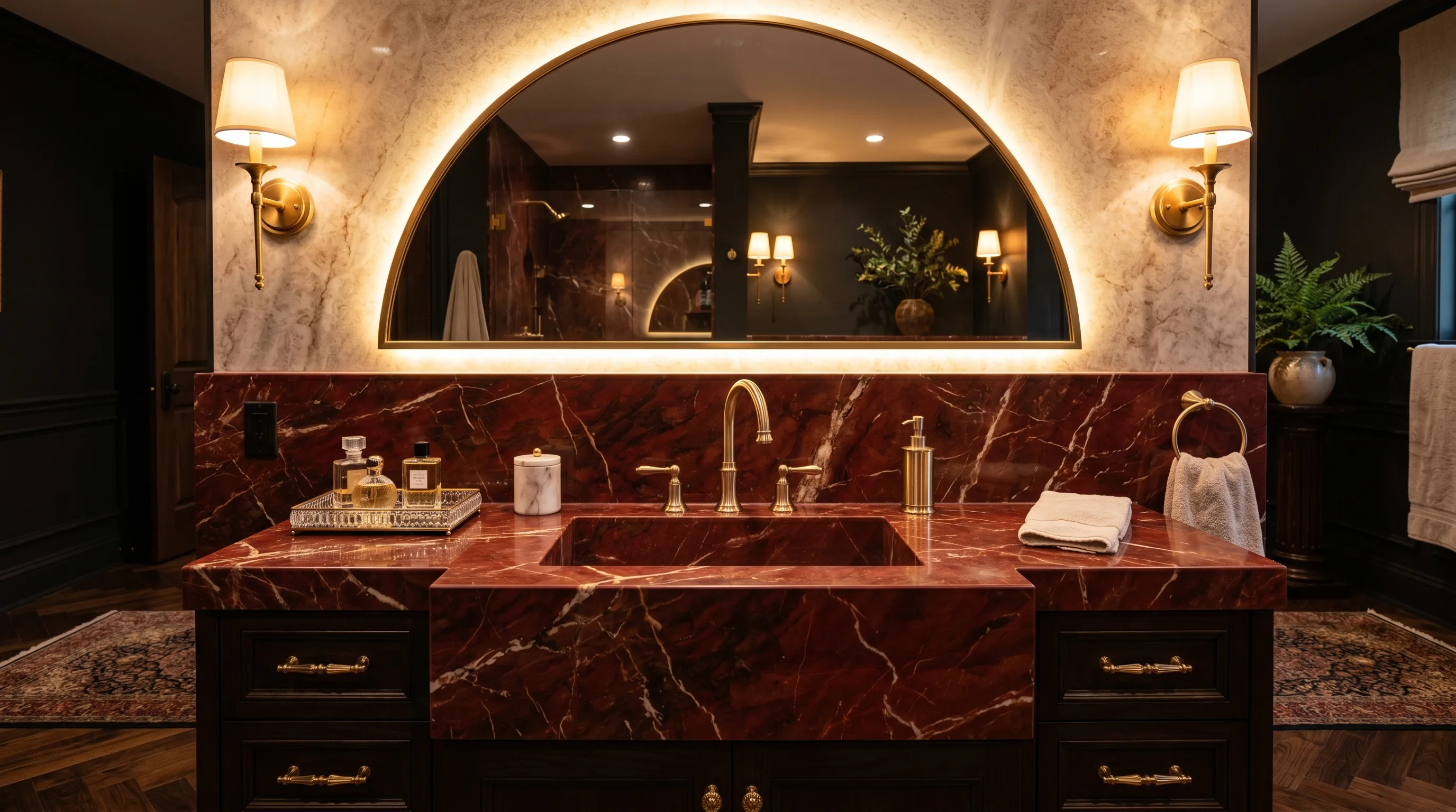 Single red marble slab wall creating opulent bathroom drama.