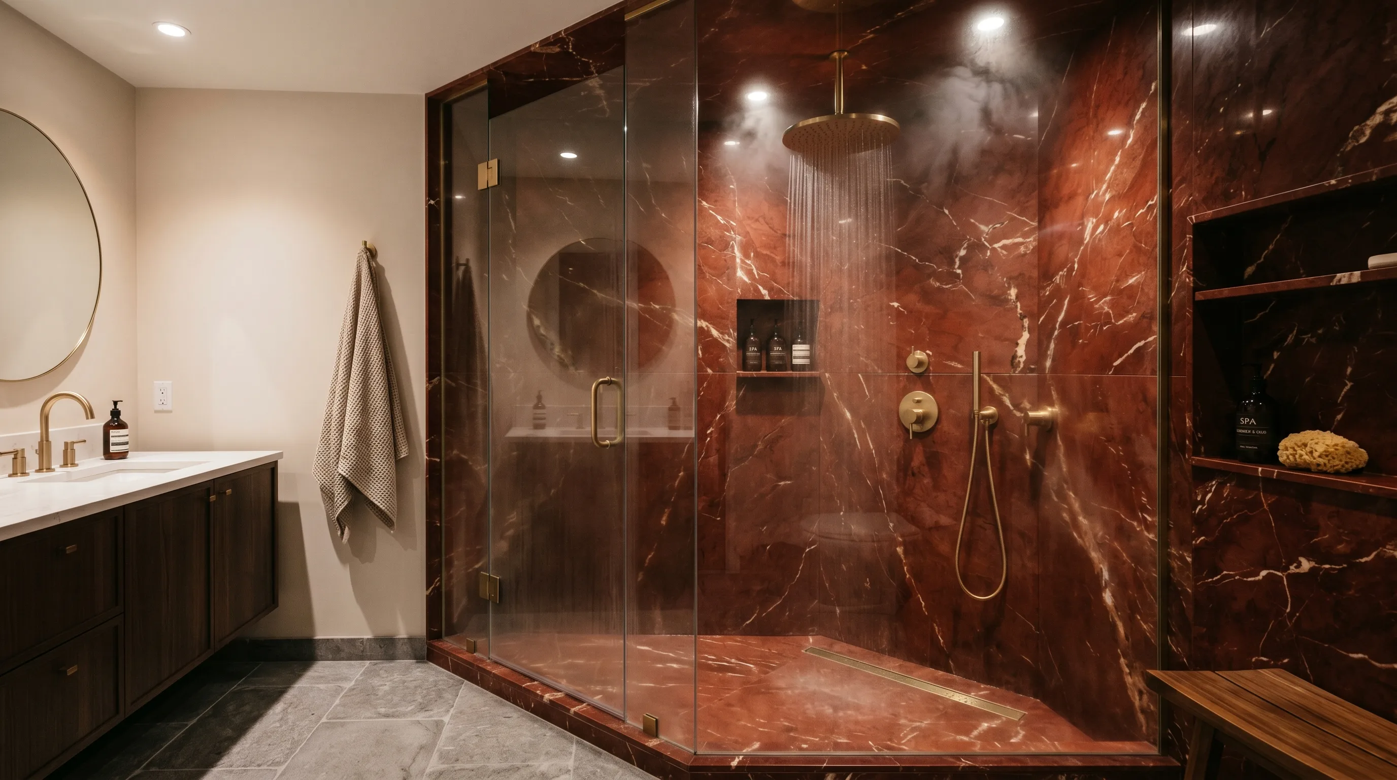 Red marble bathroom softened with creamy neutral tones.