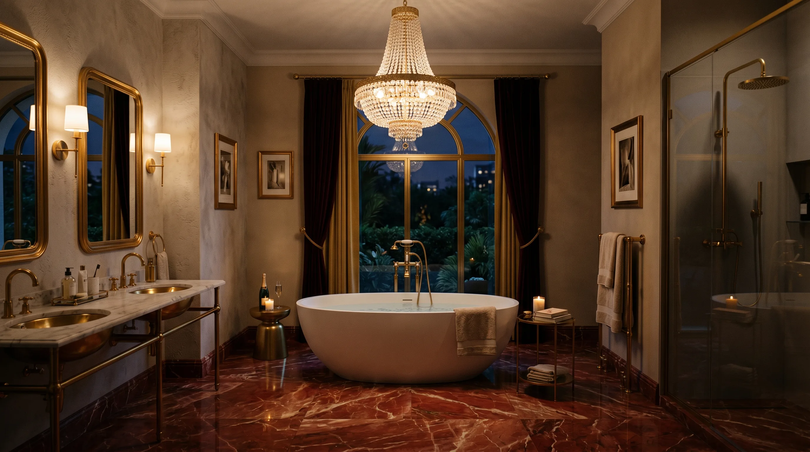 Brass accents giving red marble a jewel-like finish.