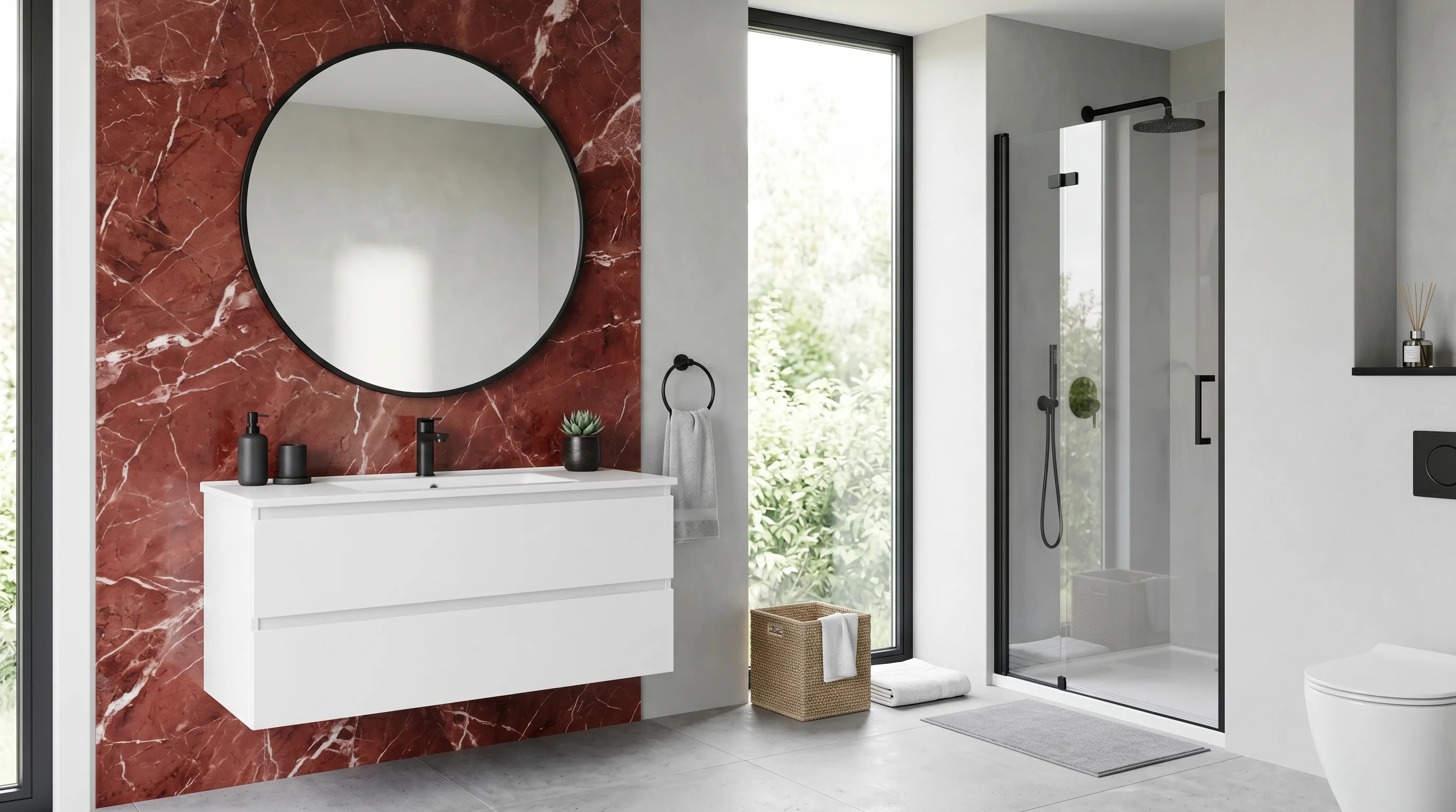 Red marble vanity offering targeted bathroom drama.