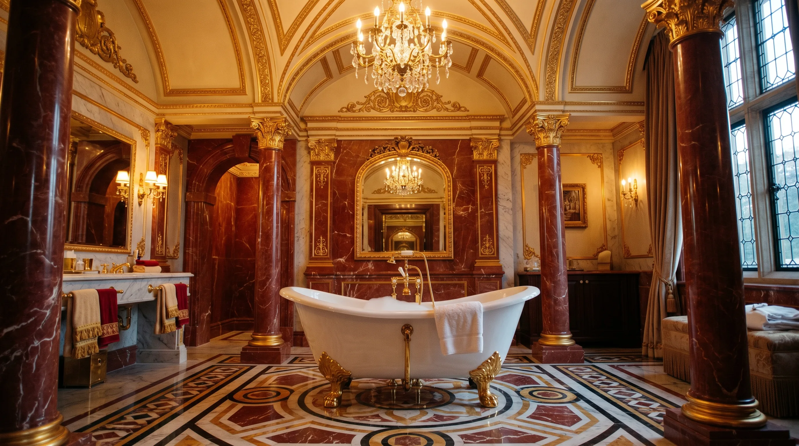 Minimal shapes balancing a dramatic red marble bathroom.