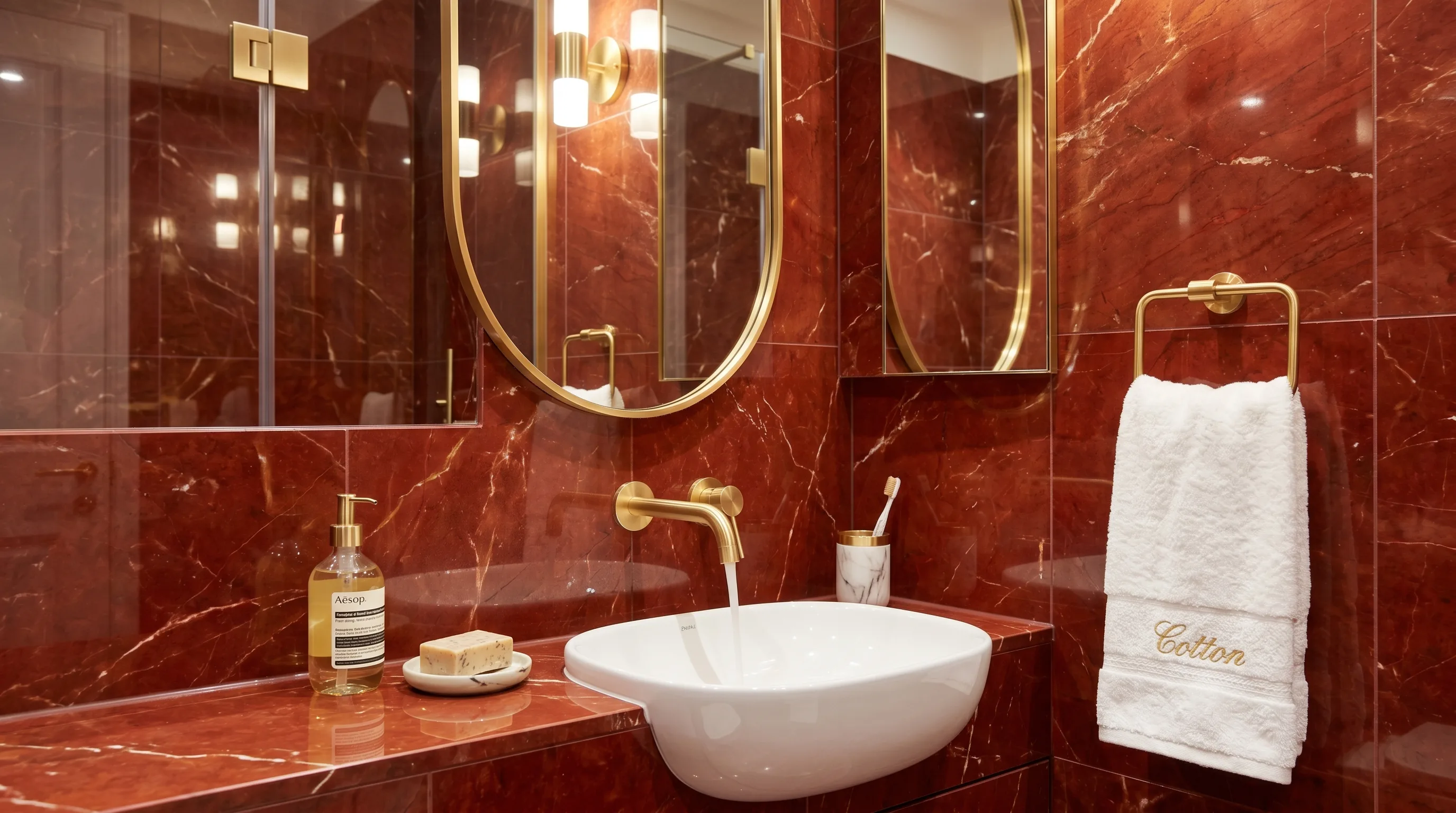 Moody lighting deepening the color of red marble.