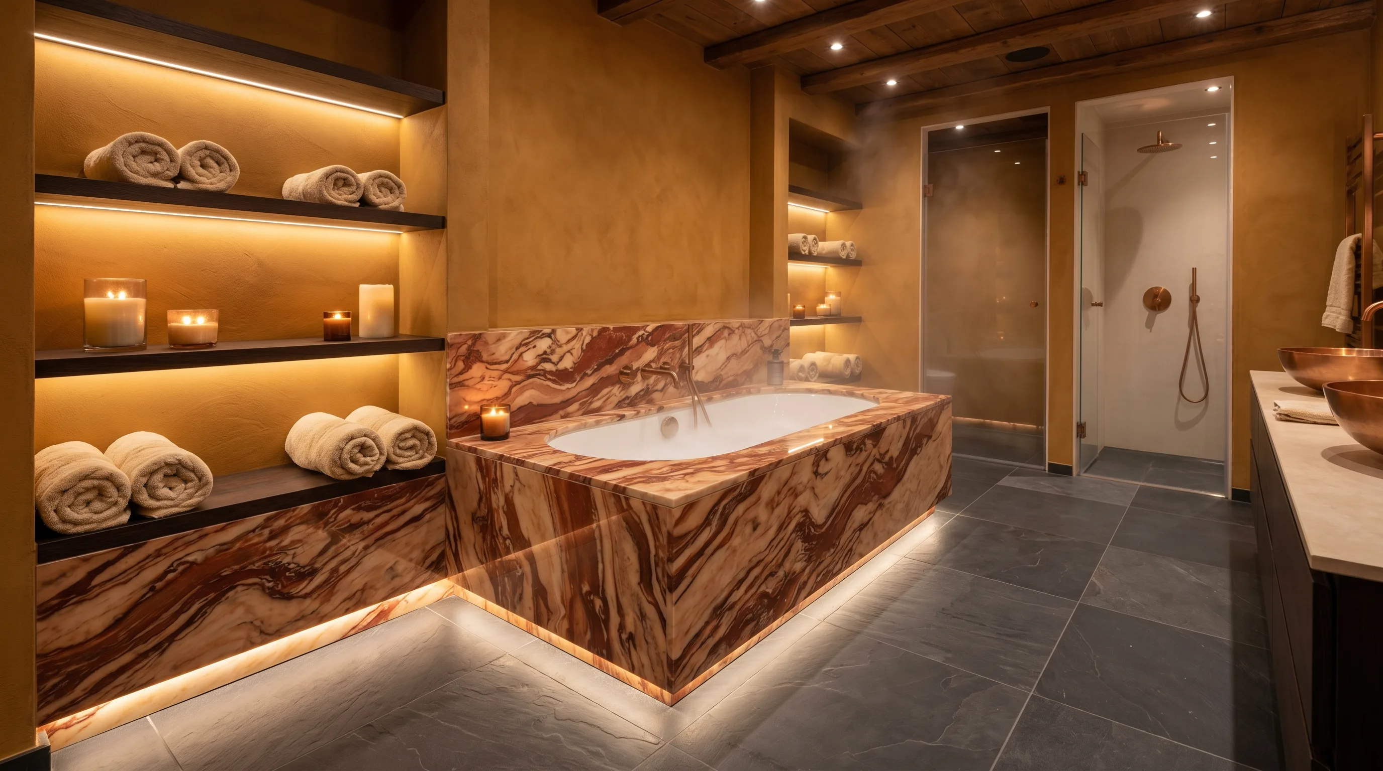 Dark accents sharpening a luxurious red marble palette.