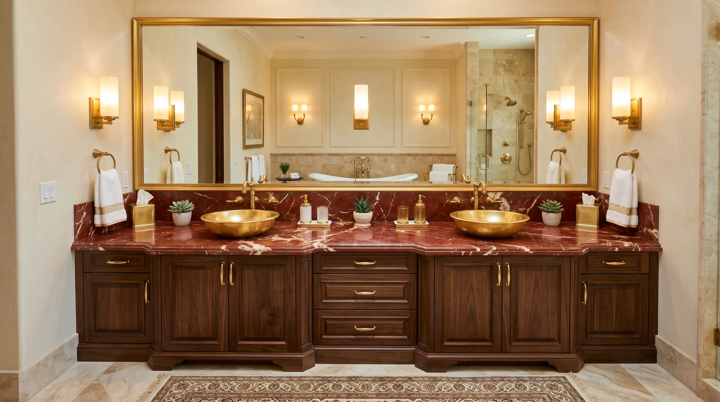 Red marble texture and veining as the main bathroom feature.