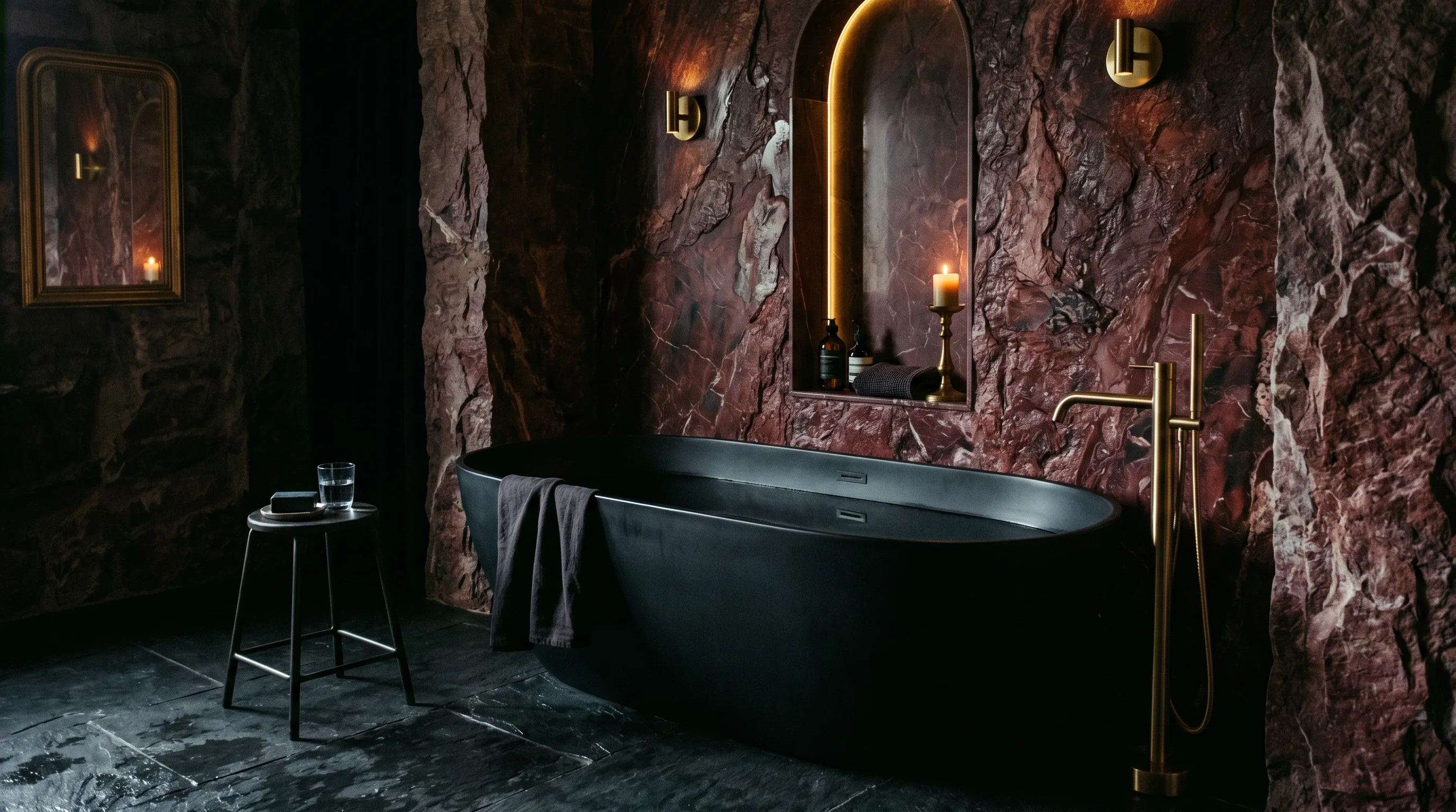 Opulent red marble bathroom with lasting dramatic presence.