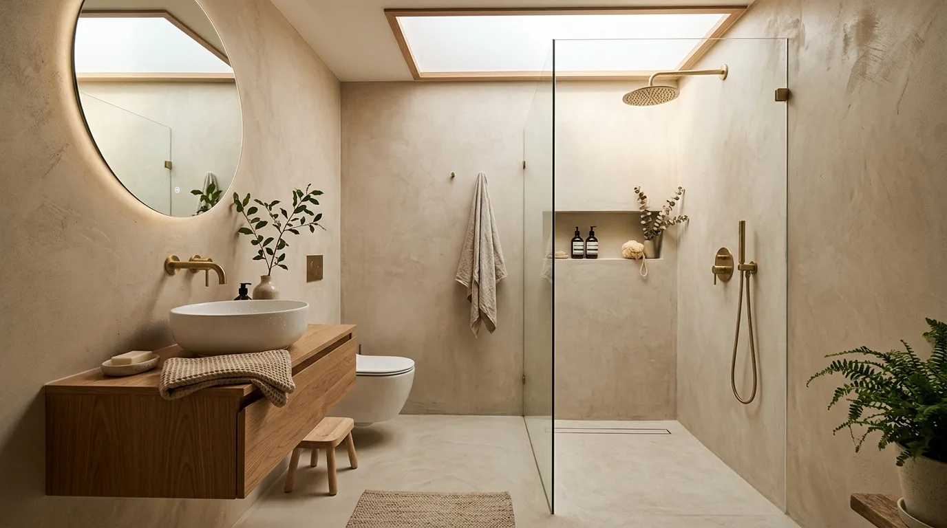 start with the main color or material story in a bathroom inspired by luxurious without bulk.