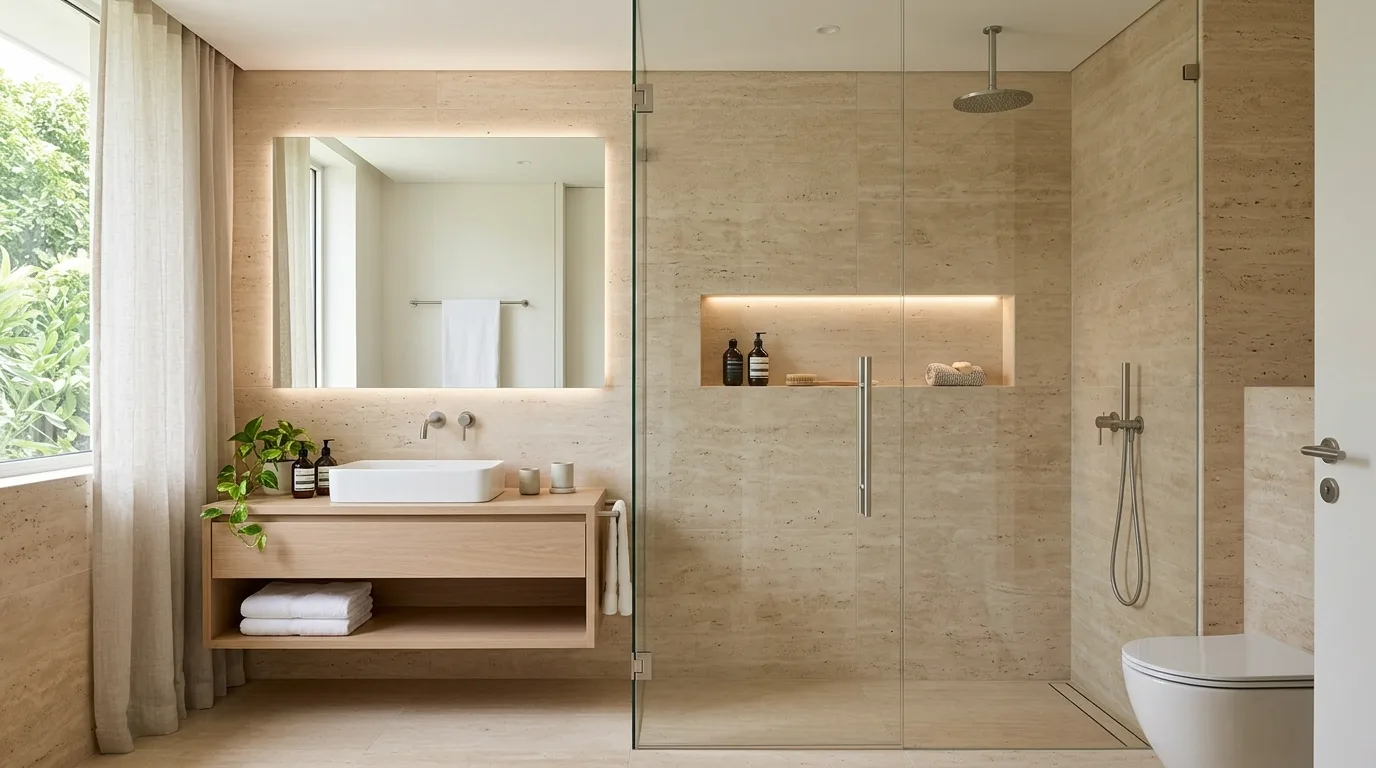 pair it with finishes that support the mood in a bathroom inspired by luxurious without bulk.