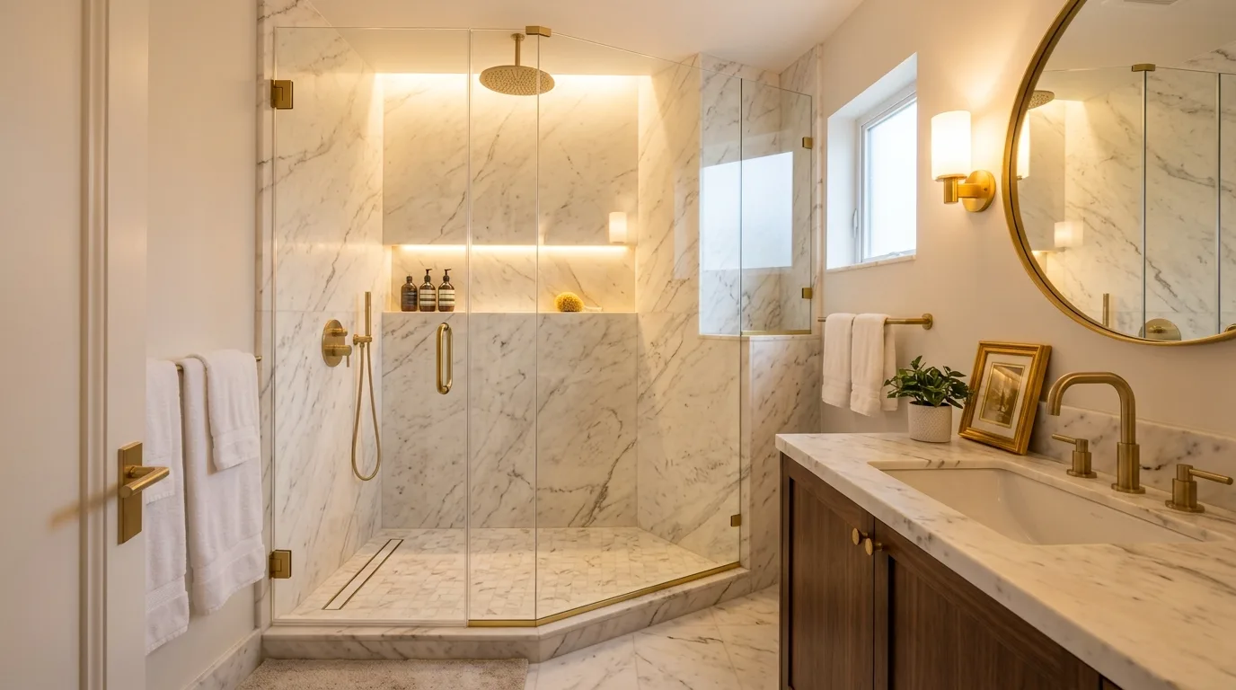 add texture for more depth in a bathroom inspired by luxurious without bulk.