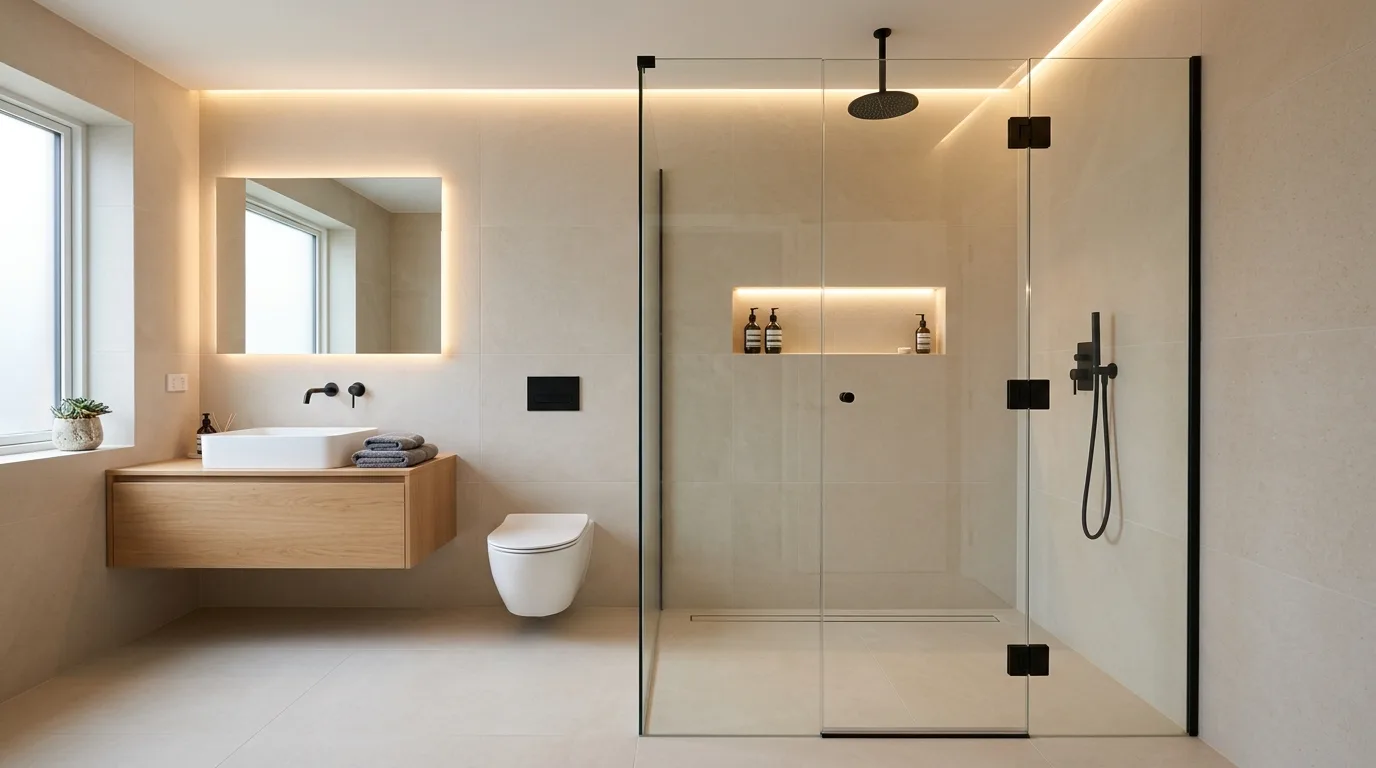 keep fixtures and lines thoughtful in a bathroom inspired by luxurious without bulk.