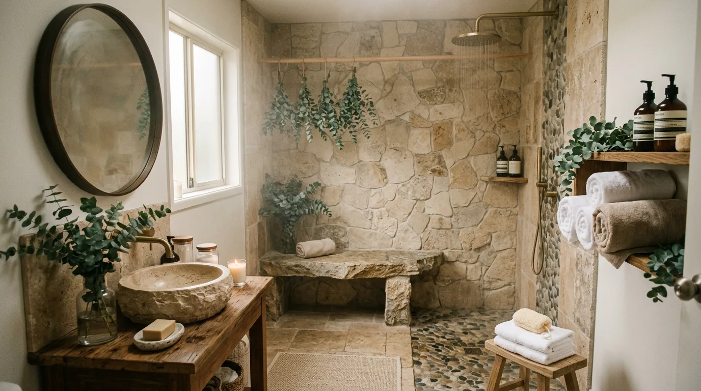 balance boldness with breathing room in a bathroom inspired by luxurious without bulk.