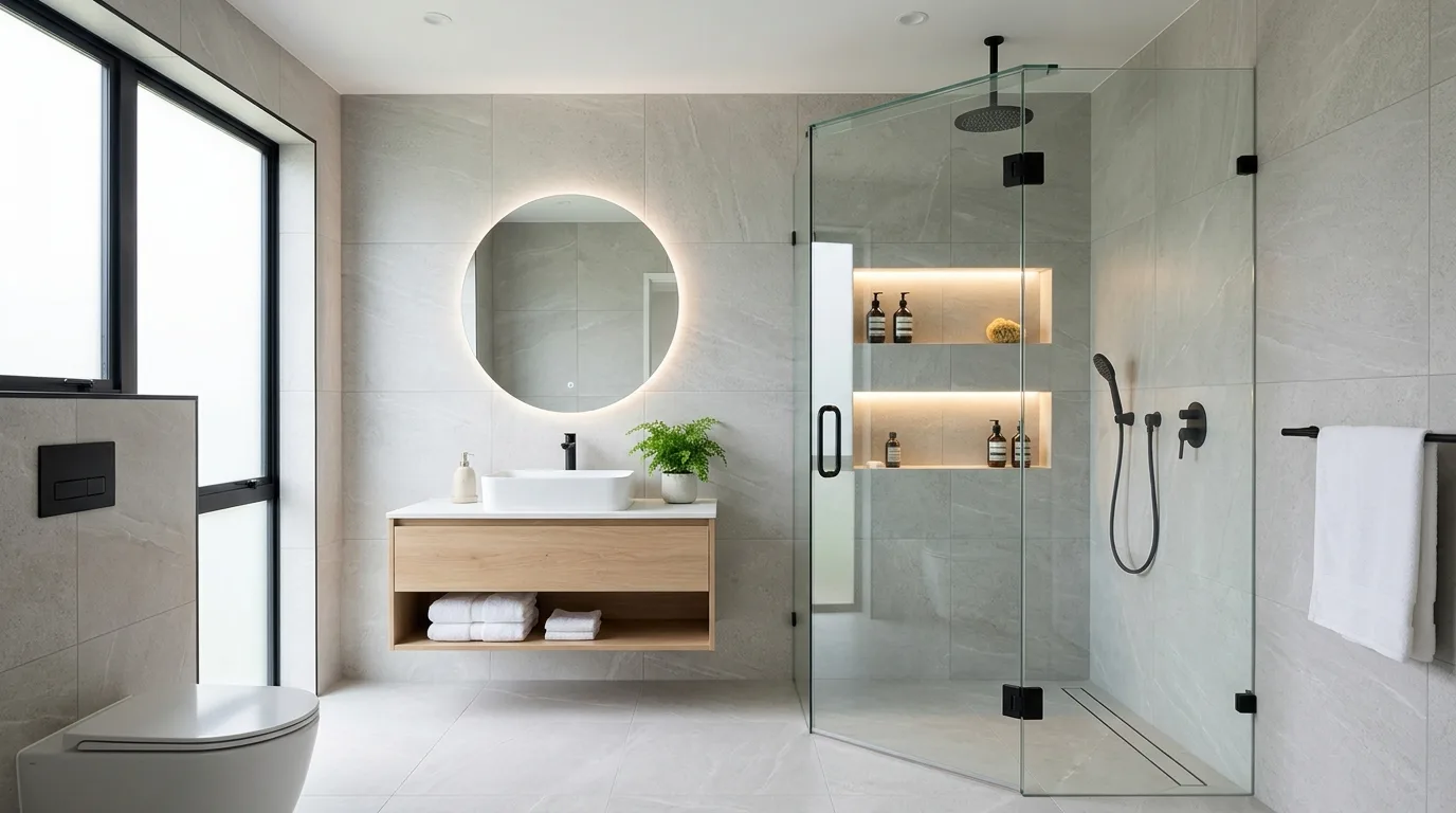 use decor that reinforces the look in a bathroom inspired by luxurious without bulk.