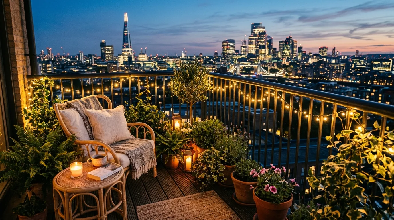 Small balcony glowing with magical evening lighting and soft ambiance.