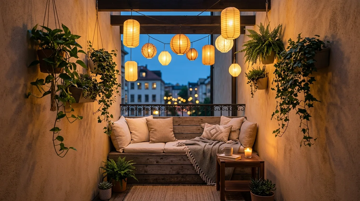Lanterns creating a soft magical glow on a small balcony.