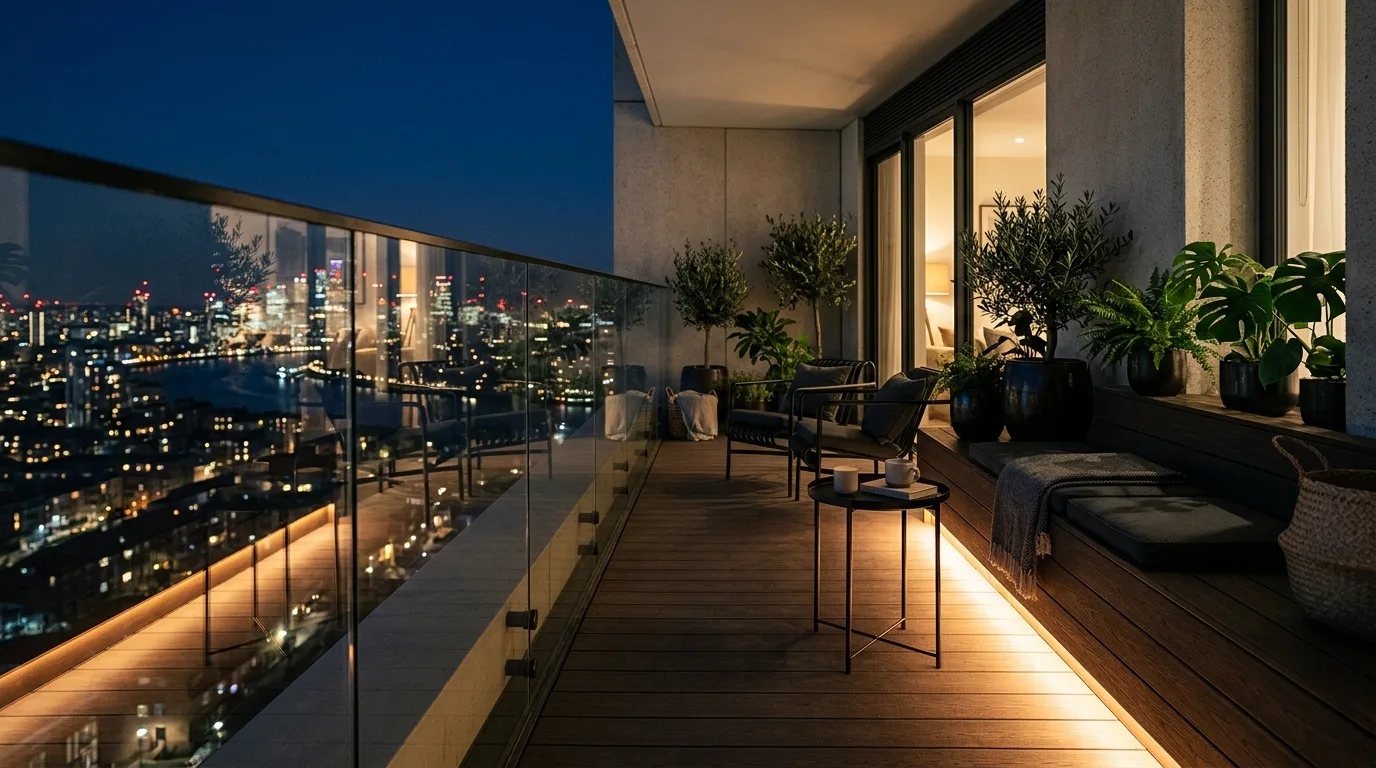 Wall sconce adding elegant evening lighting to a small balcony.