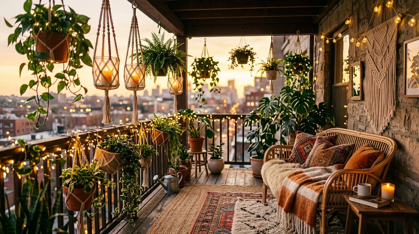 Candlelight creating magical small balcony ambiance at night.