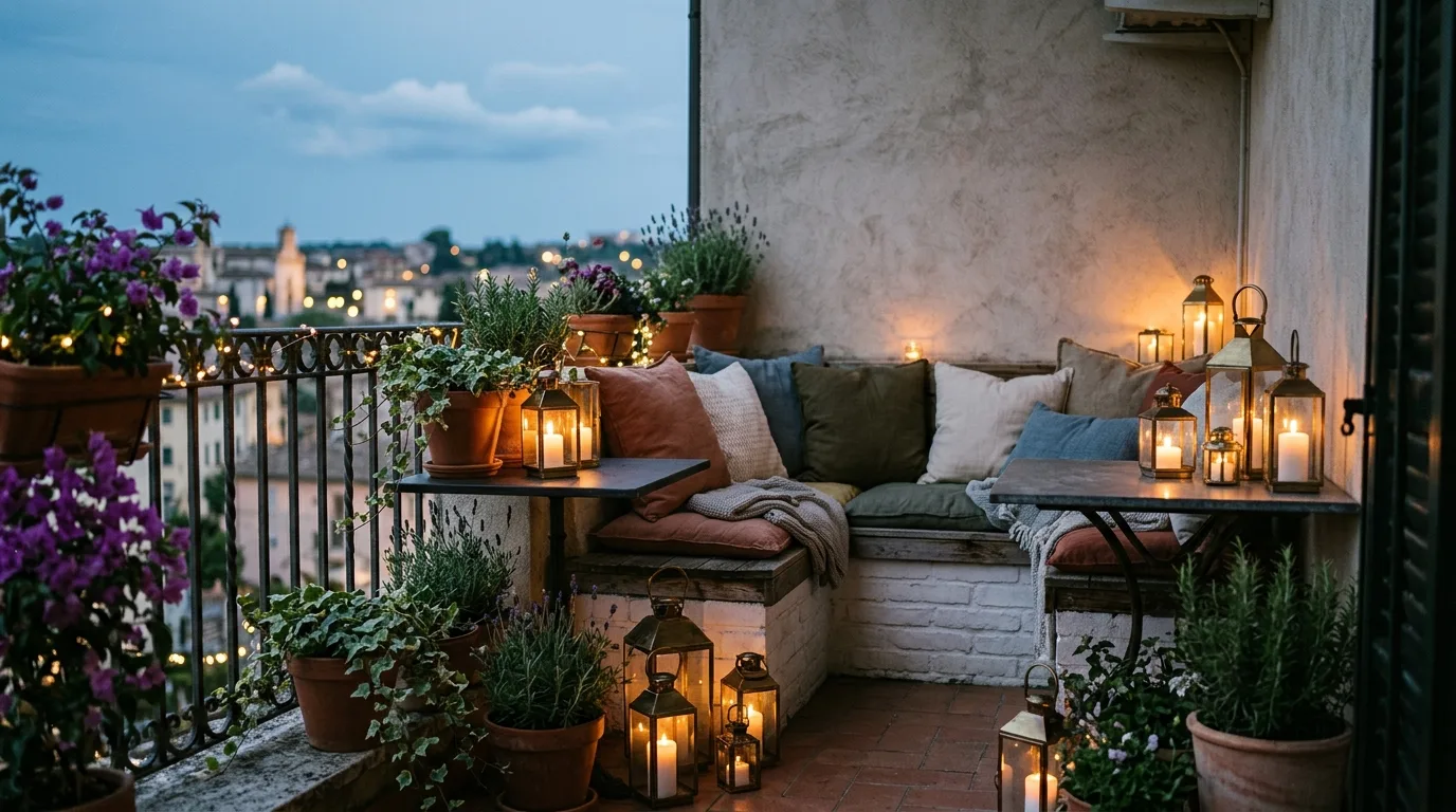 Lights tucked into balcony planters for a magical nighttime effect.