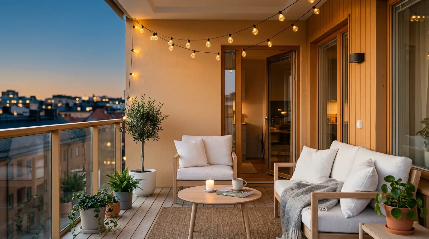 Floor-level glow creating depth on a small balcony at night.