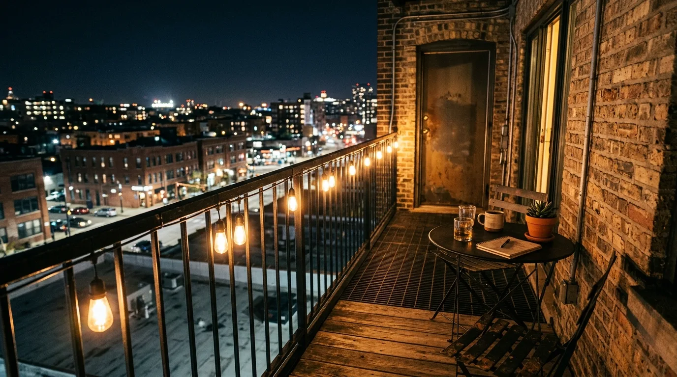 Warm balcony bulbs creating a better evening ambiance than cool white.