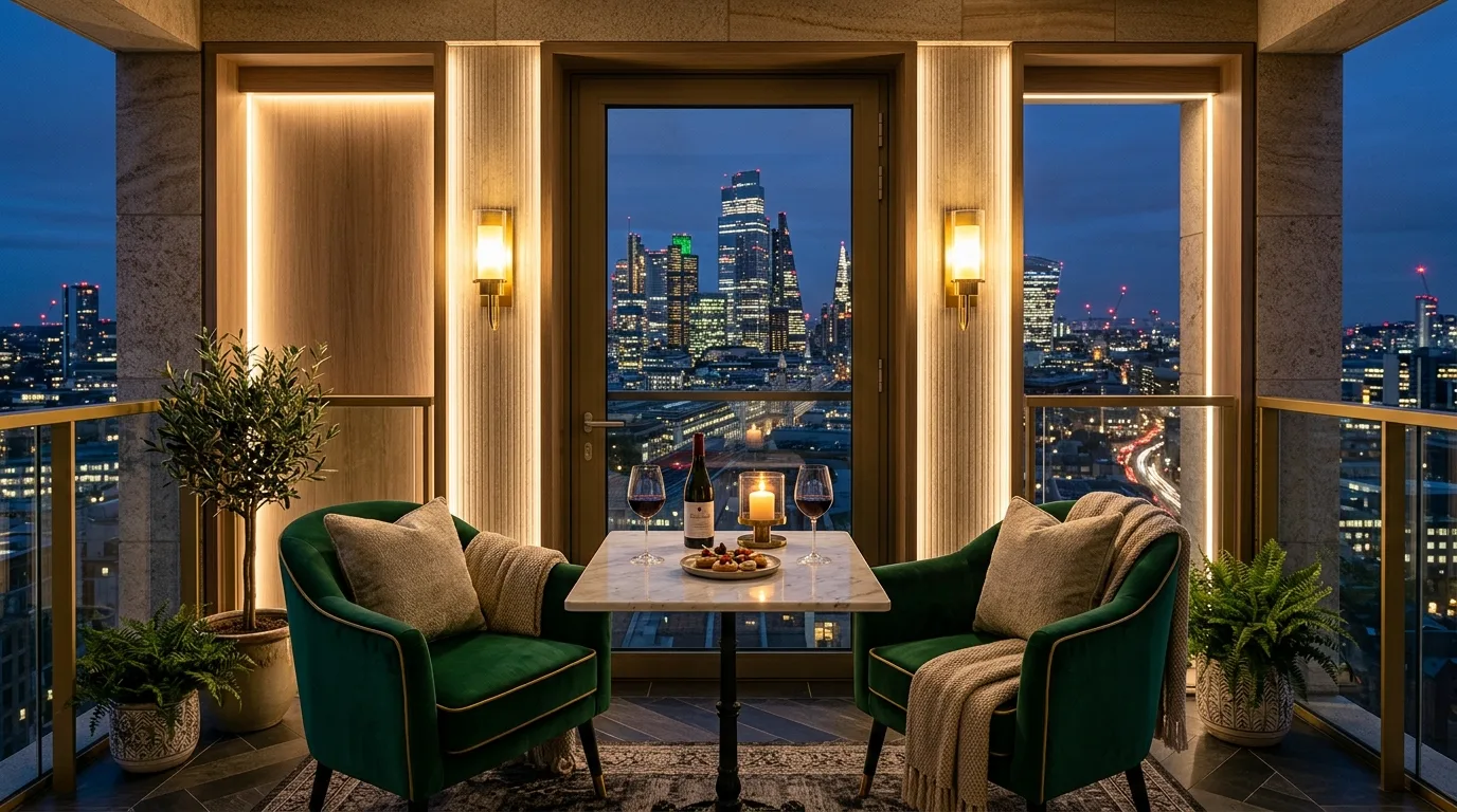 Overhead draped lights making a small balcony feel magical.