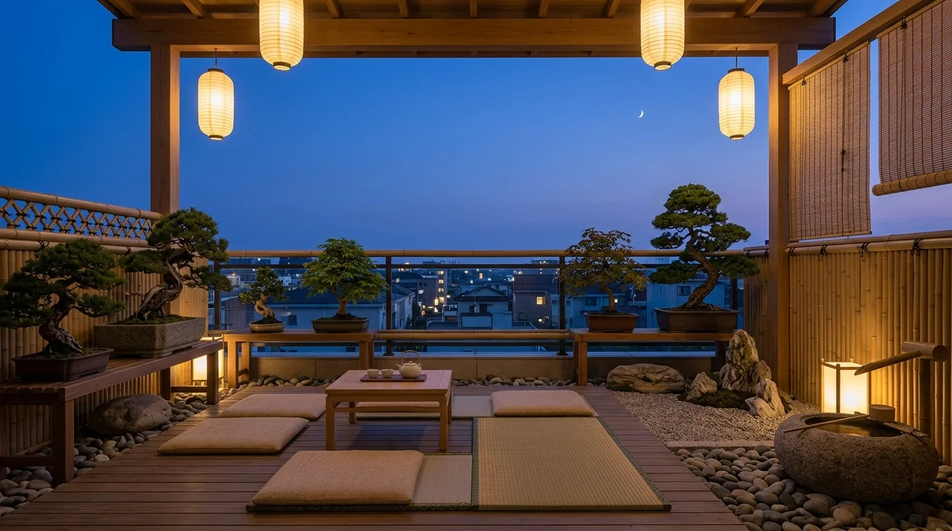 Gently lit seating area on a magical small balcony.