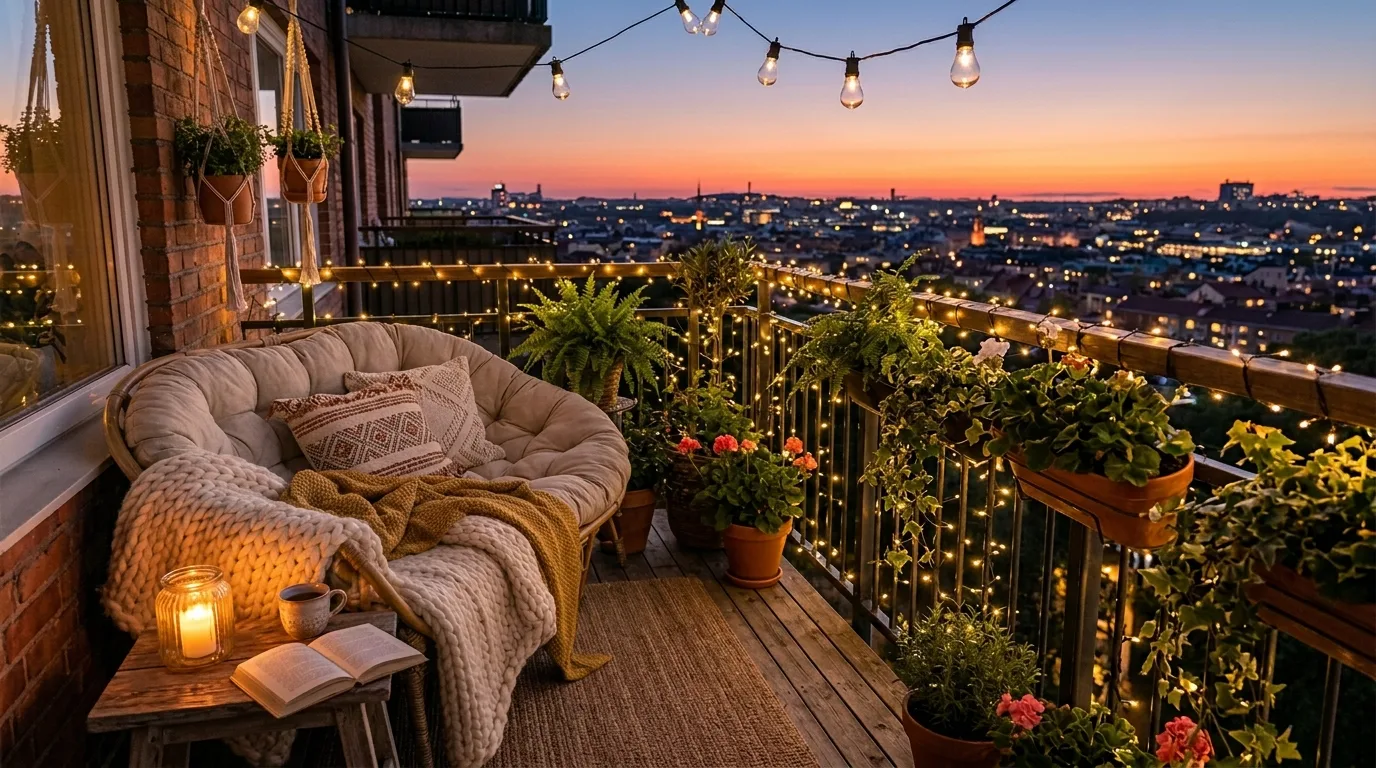 Two small light sources layered on a balcony for richer ambiance.