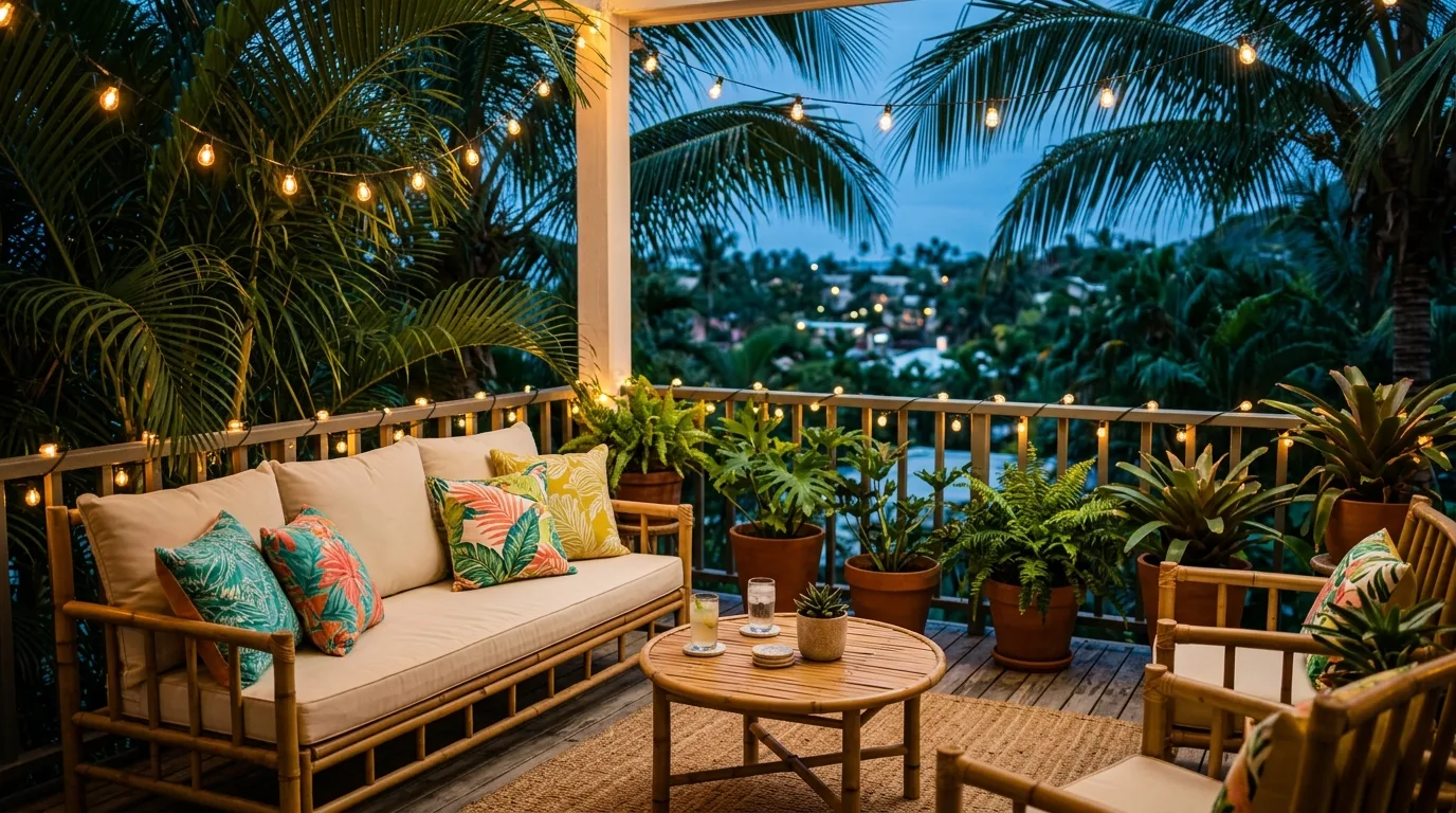 Balcony lighting highlighting wood, fabric, and plant texture at night.