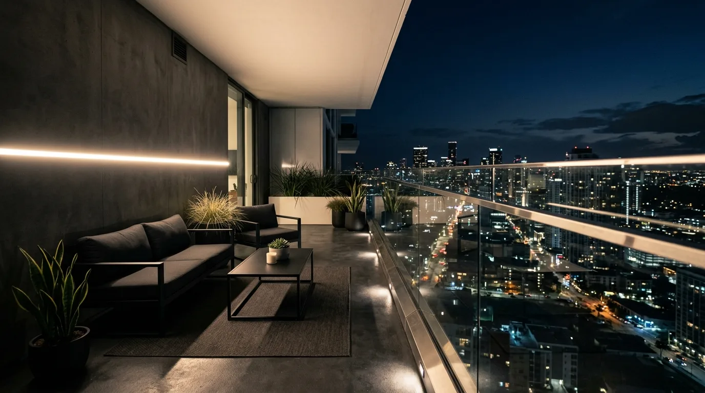 Tiny balcony glowing like a magical evening retreat.