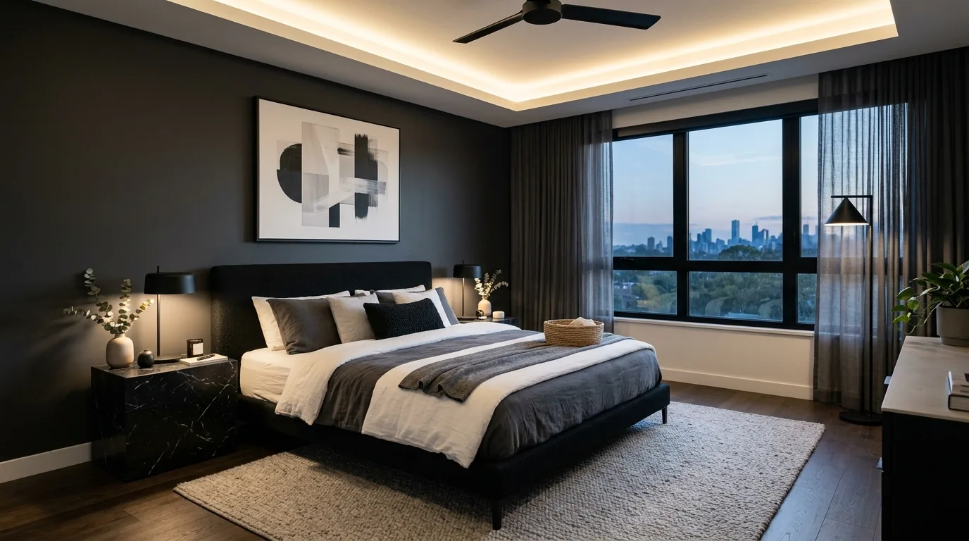 Modern black and grey bedroom with sleek lines and calming layered textures.