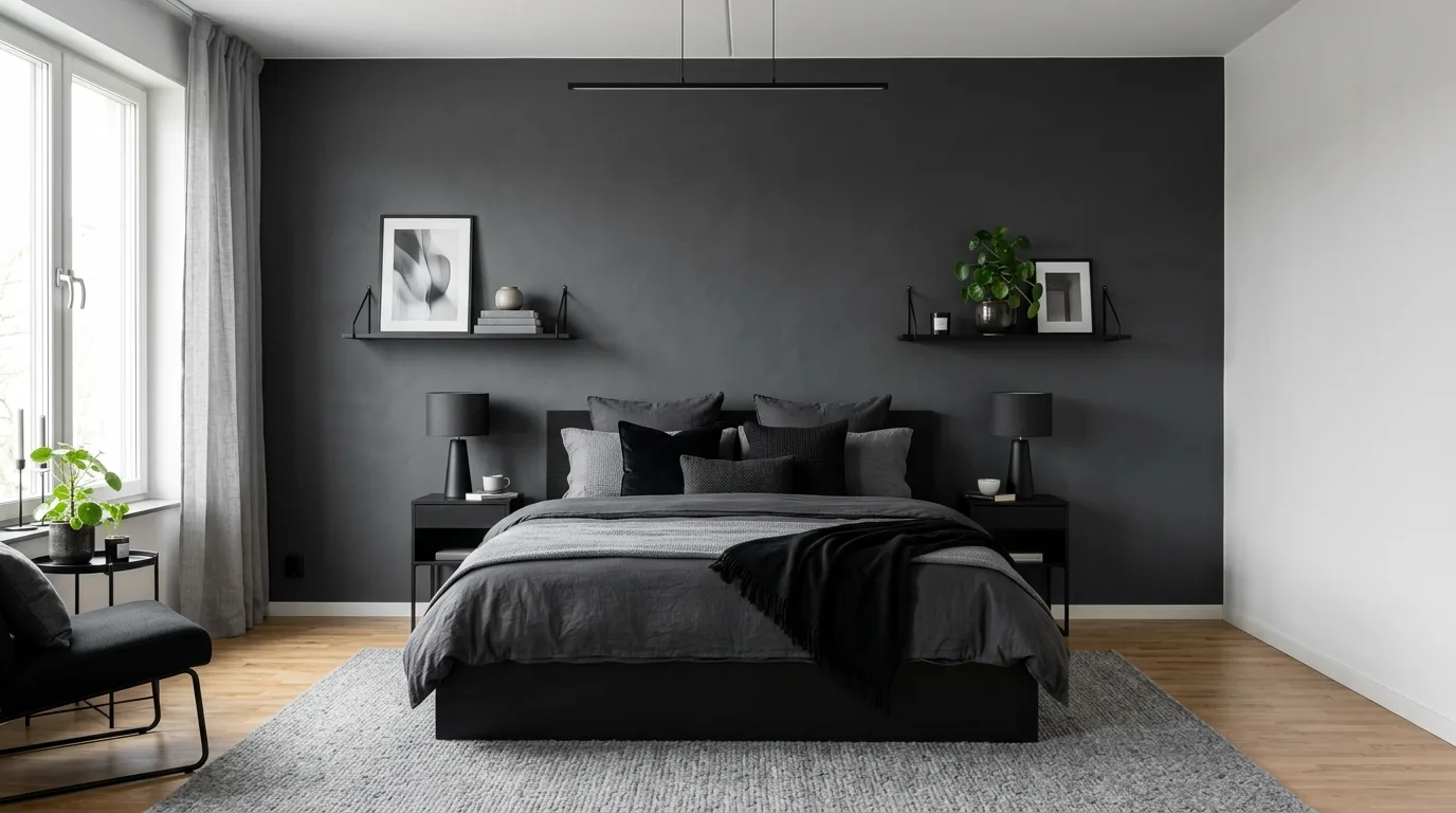 Grey upholstery with black accent pieces in a sleek layered bedroom.