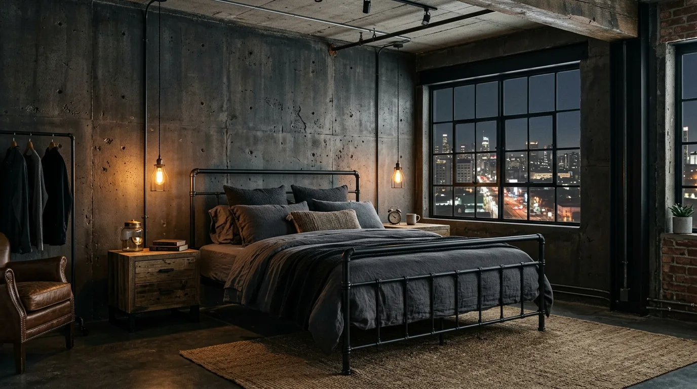 Black bed against a grey backdrop in a modern sanctuary-style bedroom.