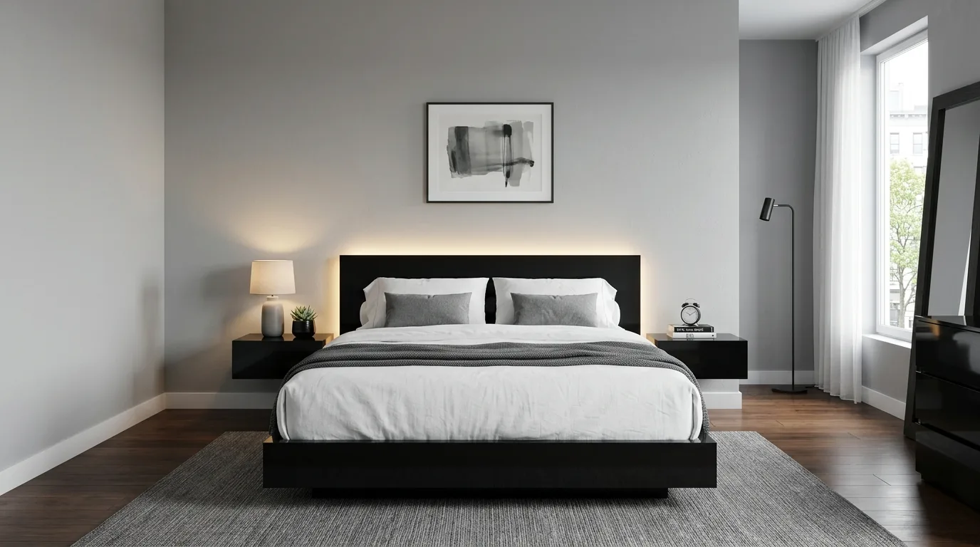 Matte black lighting in a grey room with sleek modern styling.