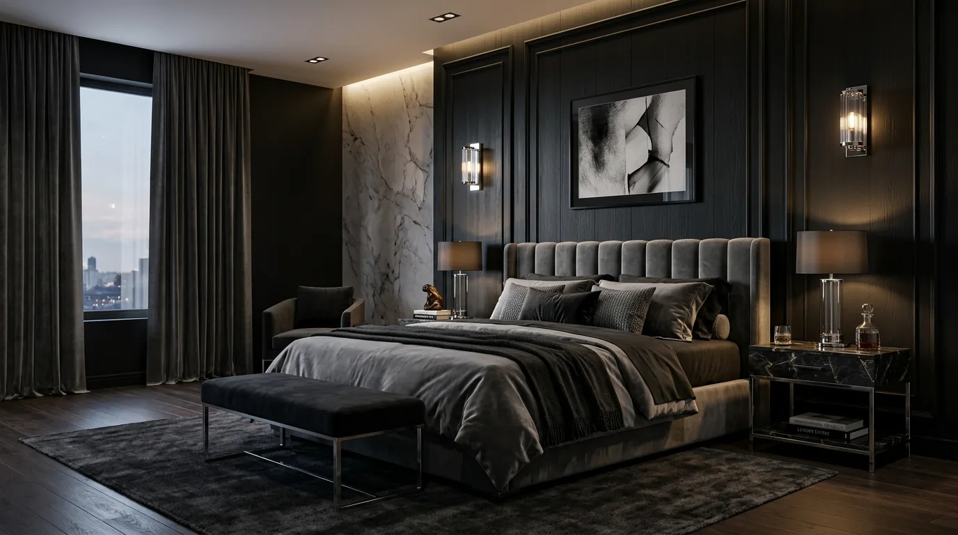 Layered grey bedding with black notes in a calm modern bedroom.