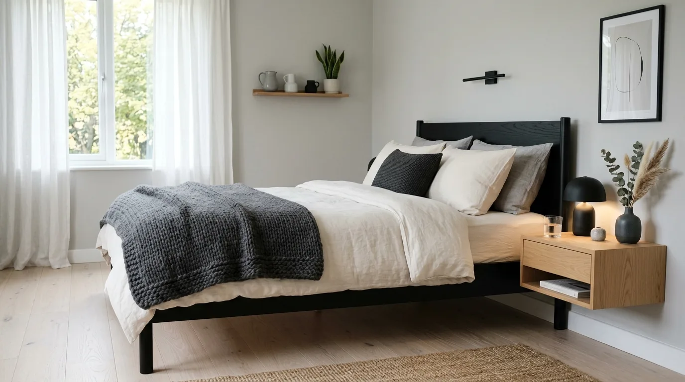 Black and grey bedroom with a low platform bed and modern calm styling.