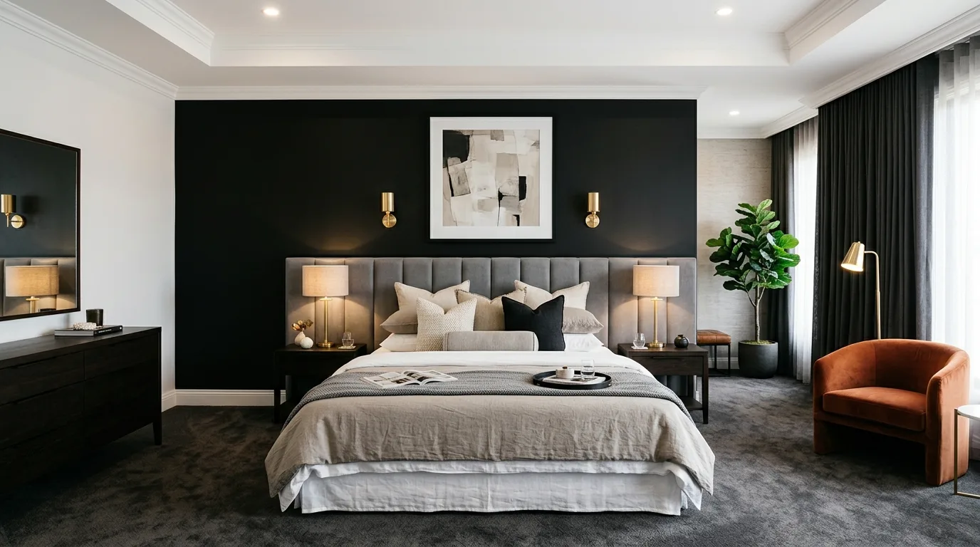 Grey walls and black art creating quiet drama in a modern bedroom.